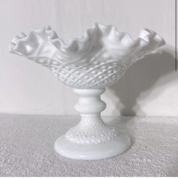 Vintage Fenton Milk Glass Hobnail Ruffle Edge Pedestal Compote Candle Holder - Picture 3 of 15